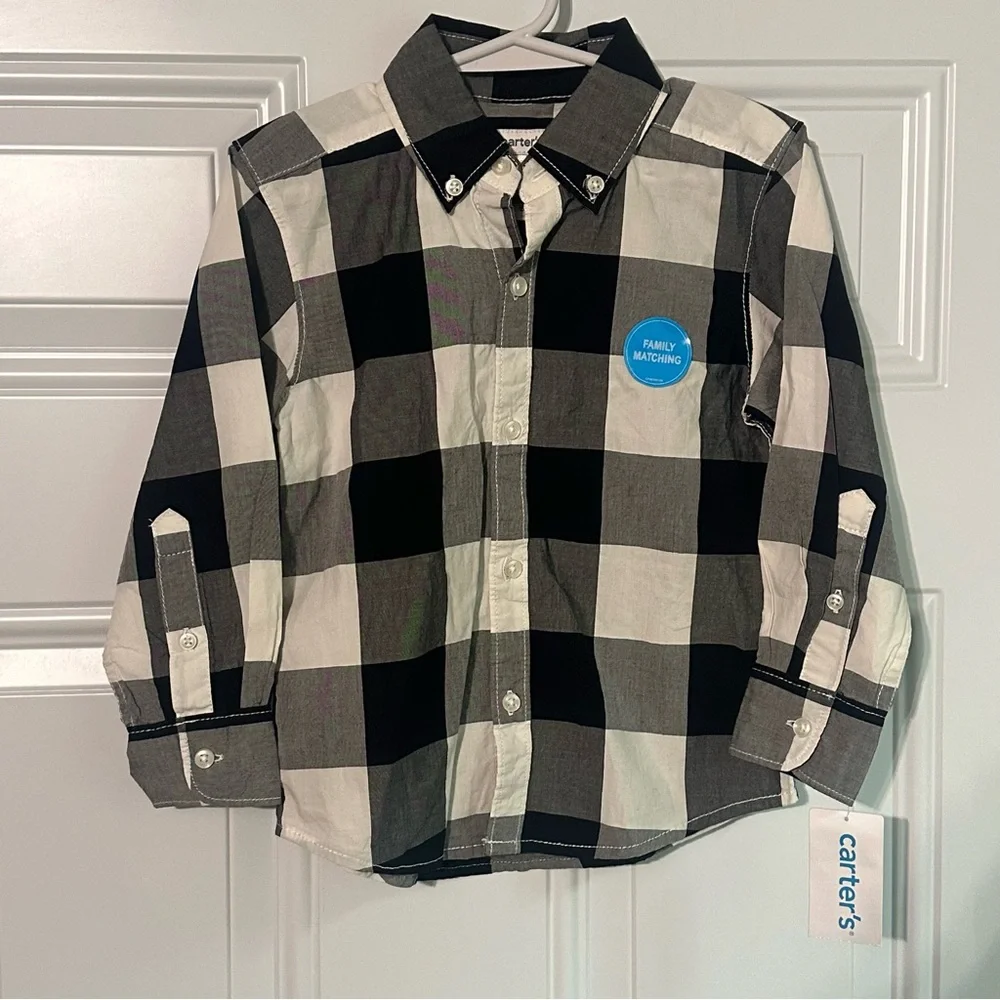 Carter's Boys White & Black Plaid Long Sleeve Button Down Shirt NWT